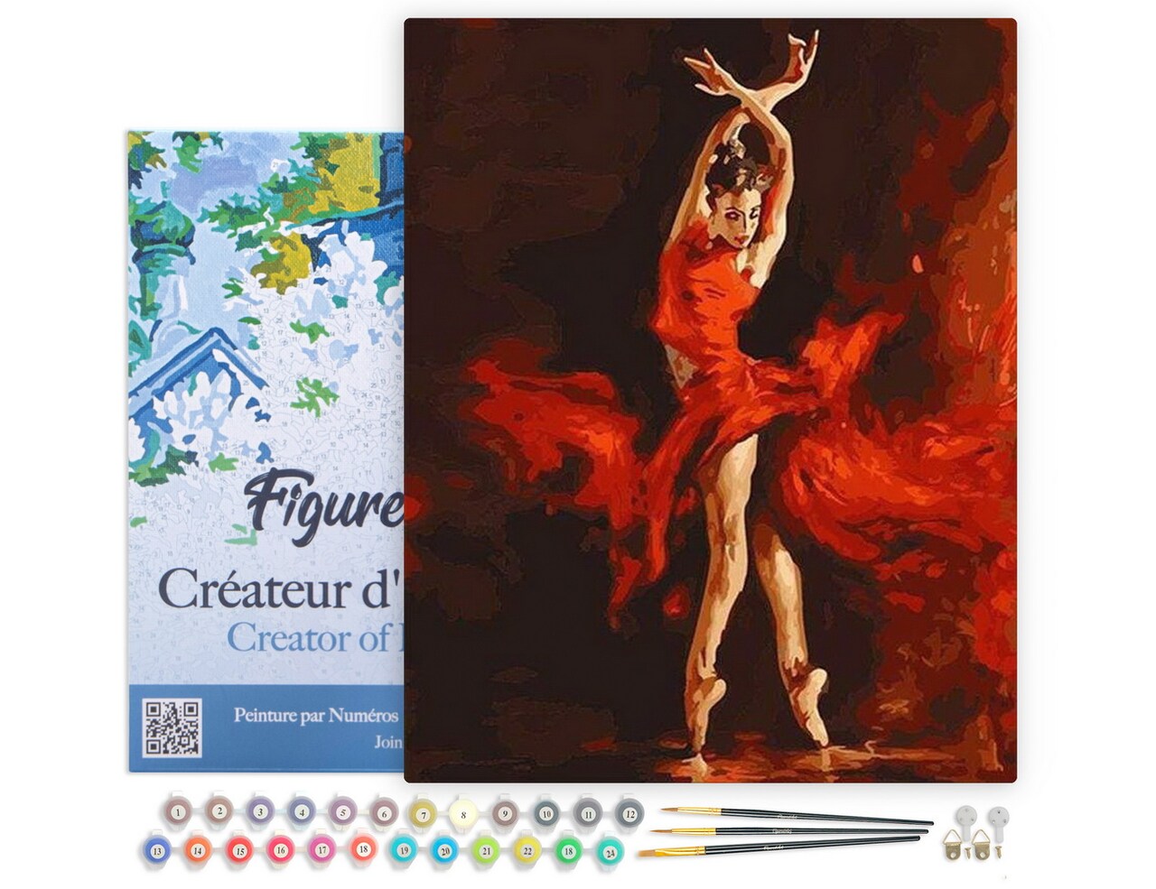 Figured'Art Paint by Numbers Kit for Adults with Frame Magical Red Dancer 16"x20" - Craft Art Painting DIY Kit Canvas Already Stretched on a Wooden Frame